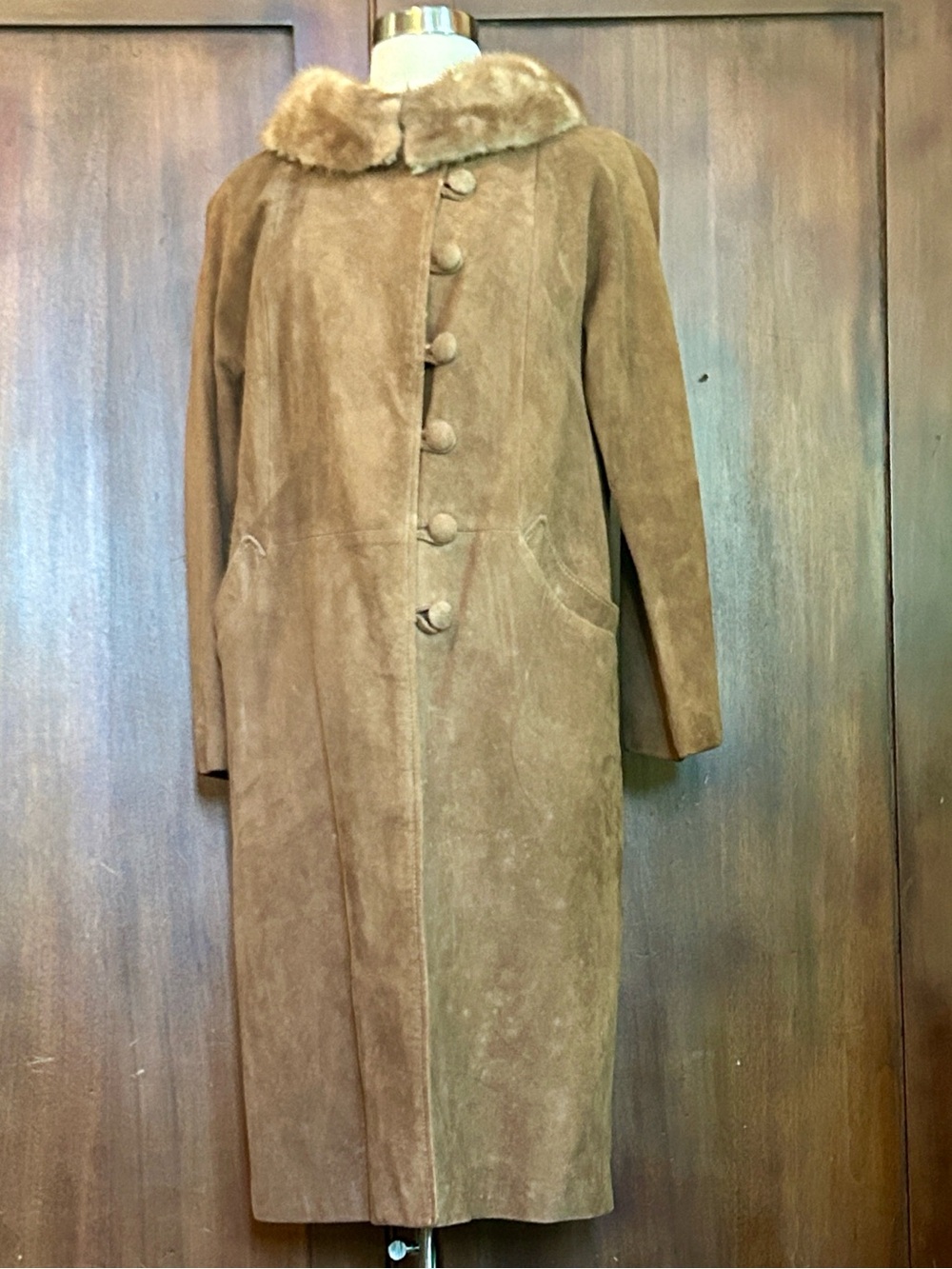 Vintage 60s 70s Brown Suede Midi Coat with Mink Collar 14
